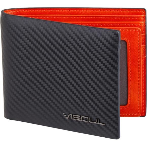 Mens Bifold Wallet with 2 ID Windows Carbon Fiber Leather, RFID Blocking